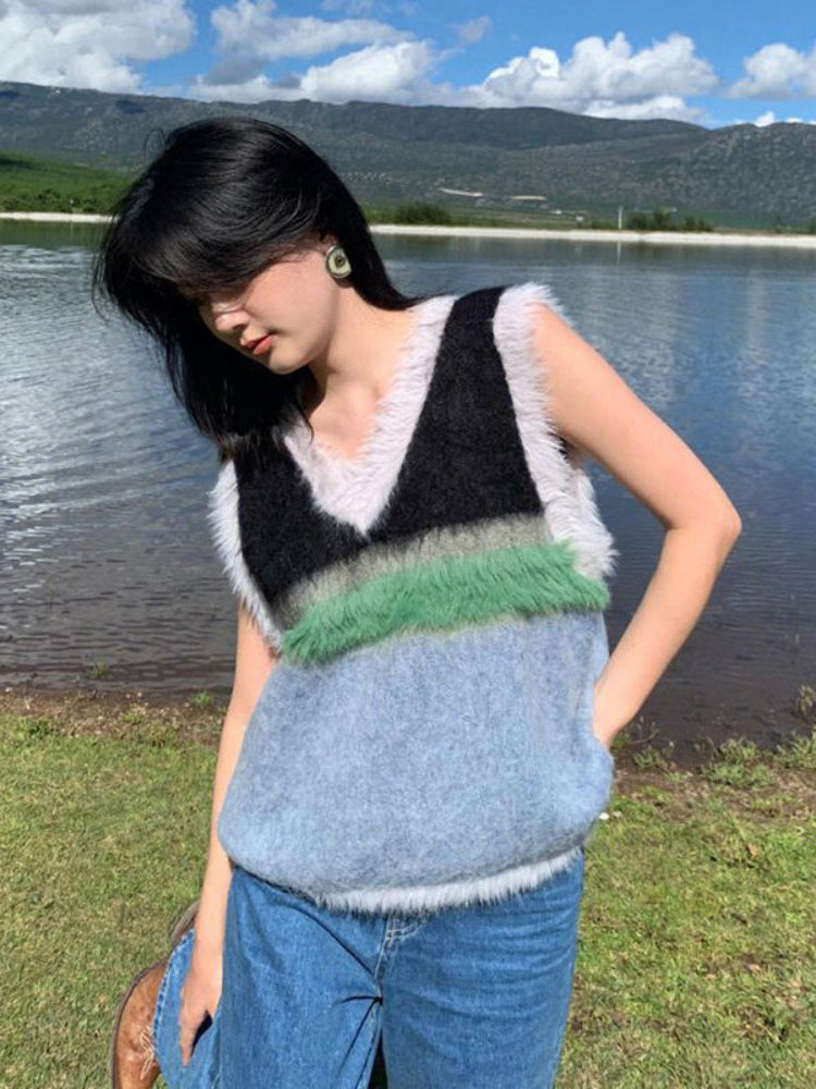 Kalamet Women Color Block Vintage V-Neck Sweater Vest