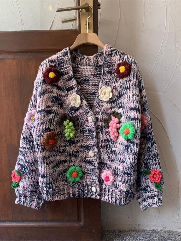 Kalamet Women Chunky Knit Cardigan Floral Embellishments Loose Retro Vintage Handmade Sweater