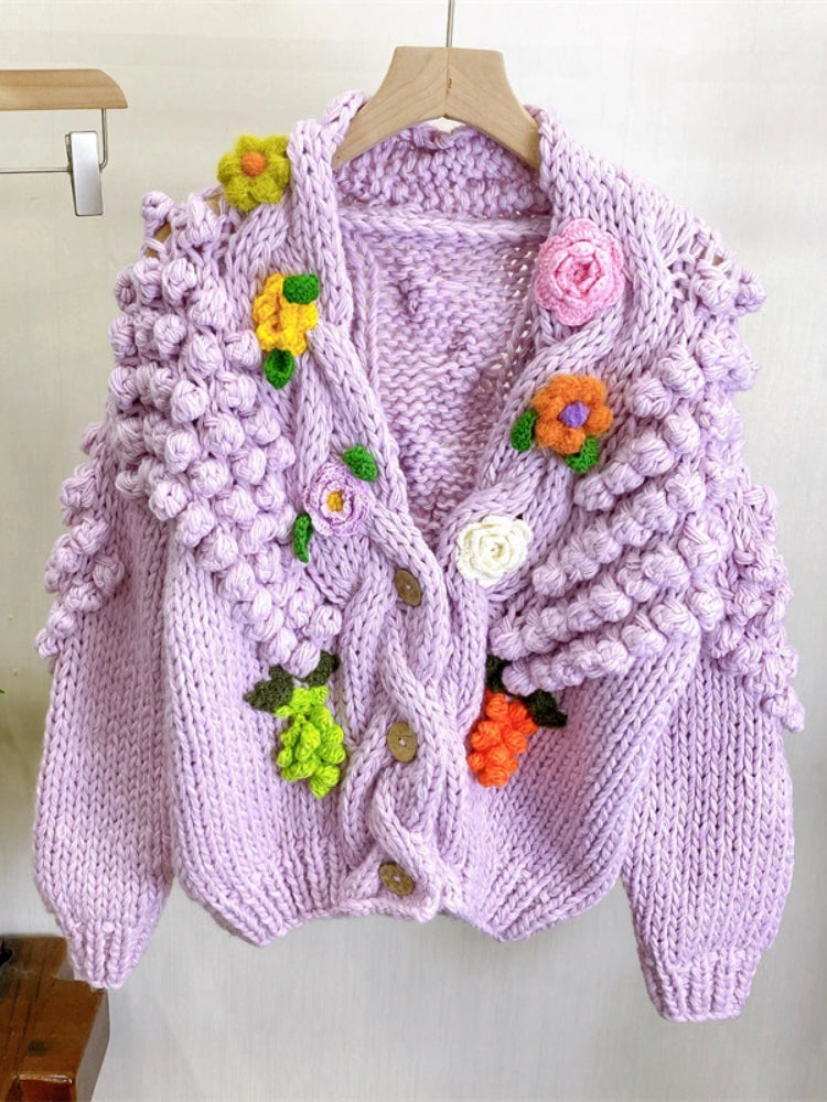 Kalamet Women Hand-Knitted Chunky Cardigan with 3D Flower Twisted Design C6002