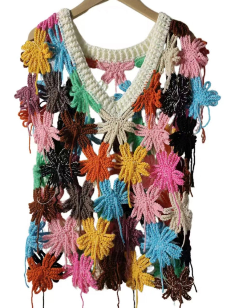 Handmade Crochet Floral v-neck Vest 2024 Women Niche Design Chic Hollow-out Colorful Sweater Outfit Women Clothes