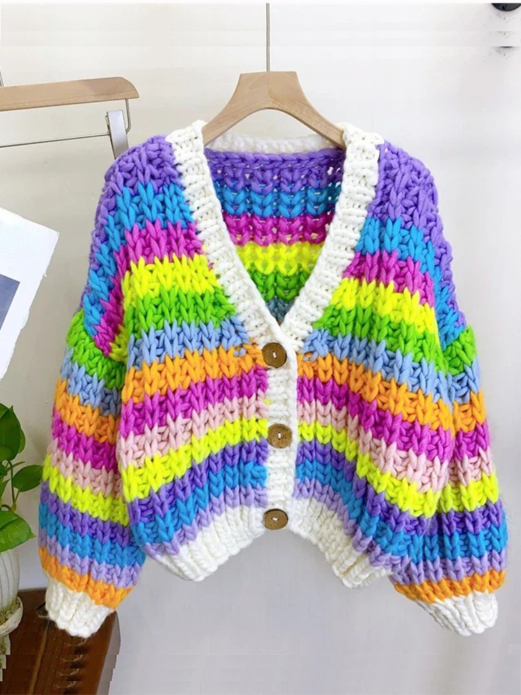 Kalamet Women Handmade Rainbow Colorful Chunky Knit Cardigan K6002