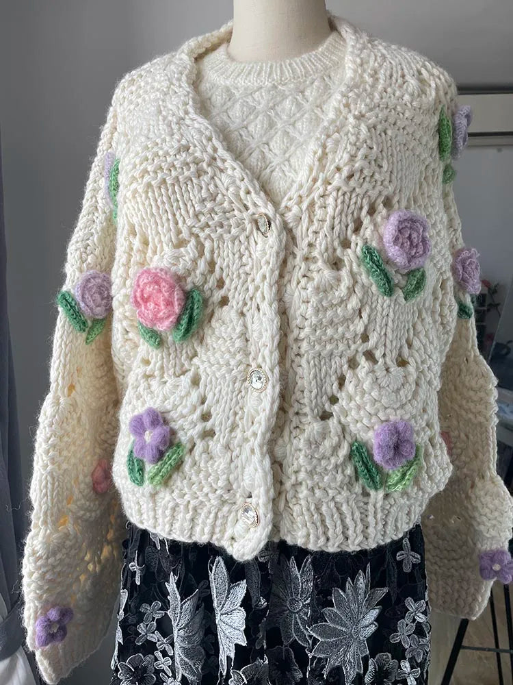 Kalamet Women Floral Crochet Handmade Chunky Knit Cardigan C6001