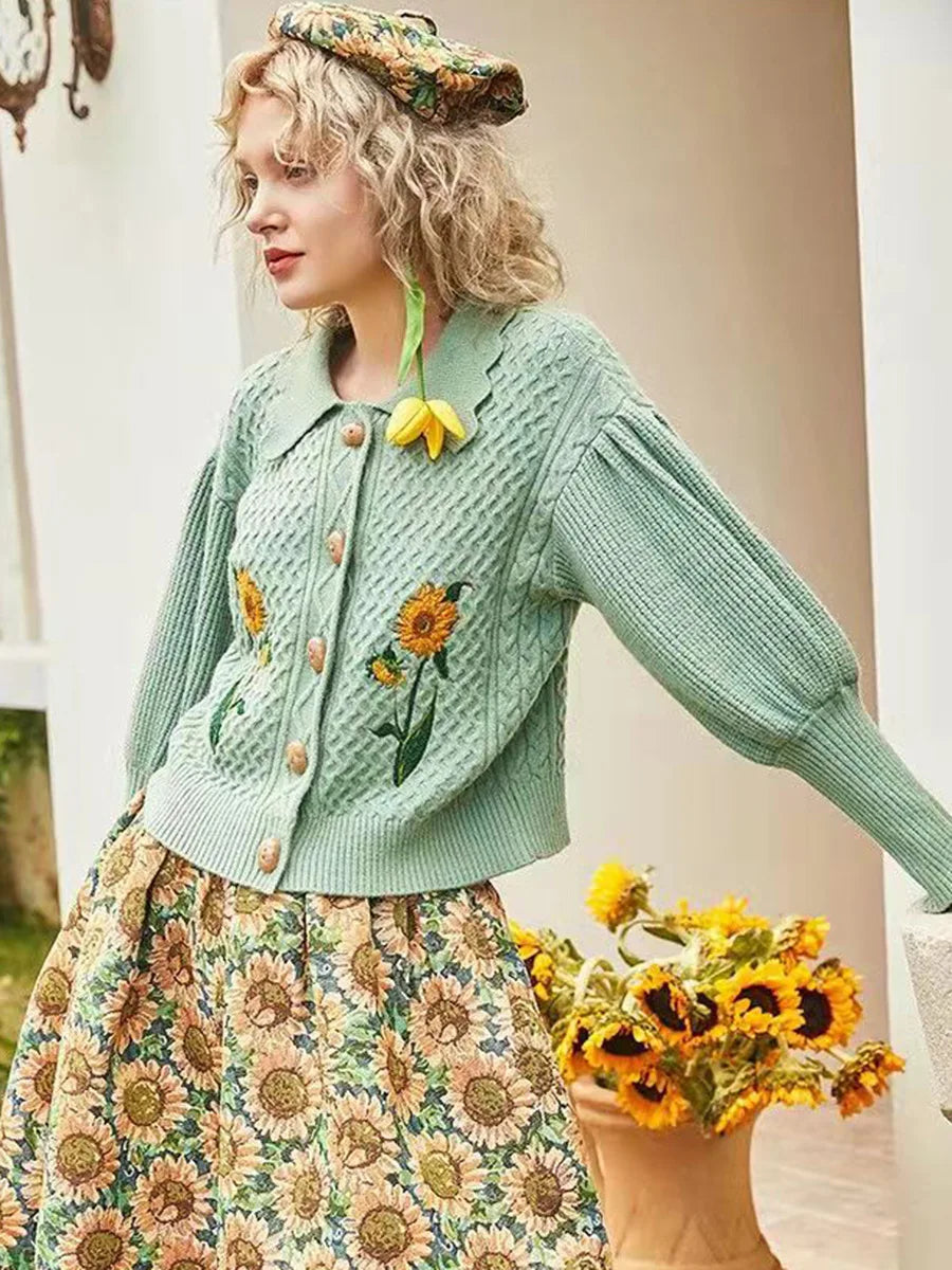 Kalamet Women Floral Embroidery Vintage Knitted Cardigan