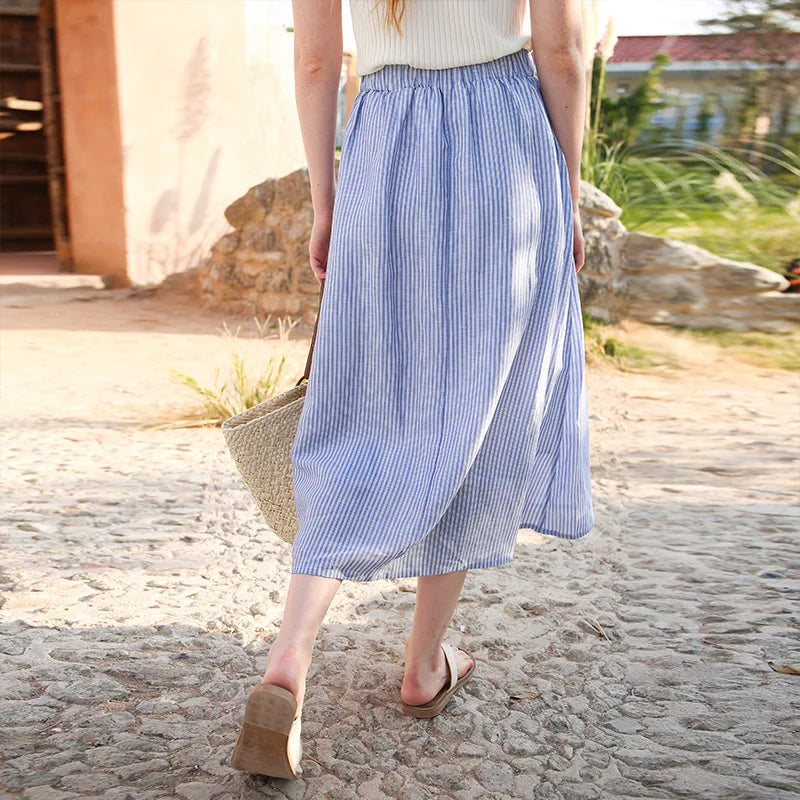 JIAMI Women Striped HIgh Waist A-line Blue Midi Skirt