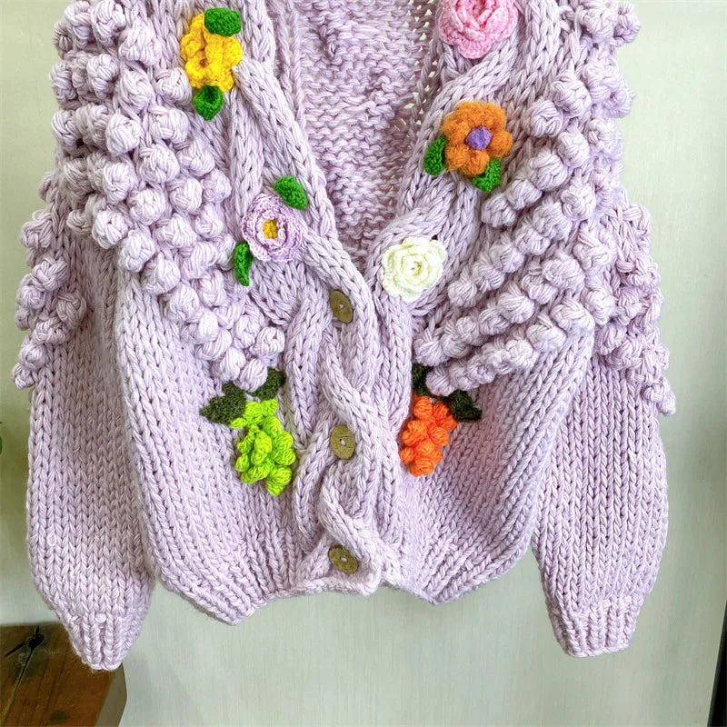 Kalamet Women Hand-Knitted Chunky Cardigan with 3D Flower Twisted Design C6002
