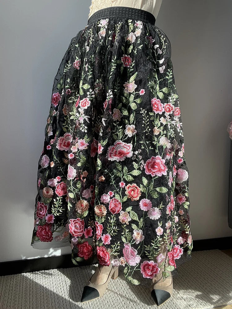 JIAMI Luxury High Waist Floral Pleated Black Tulle Skirt