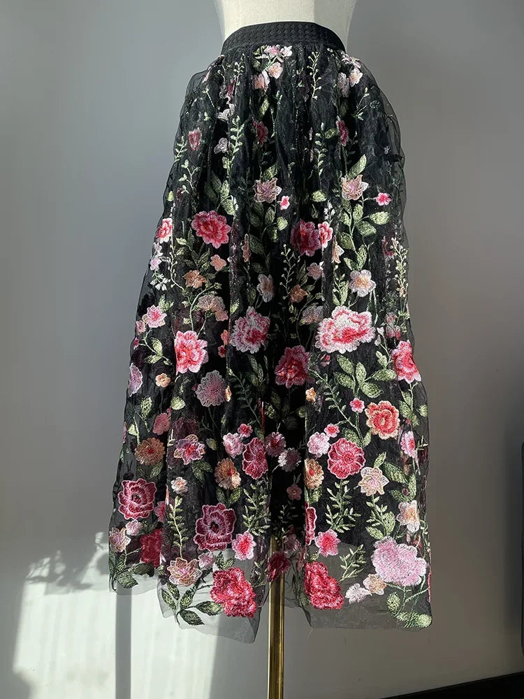 JIAMI Luxury High Waist Floral Pleated Black Tulle Skirt