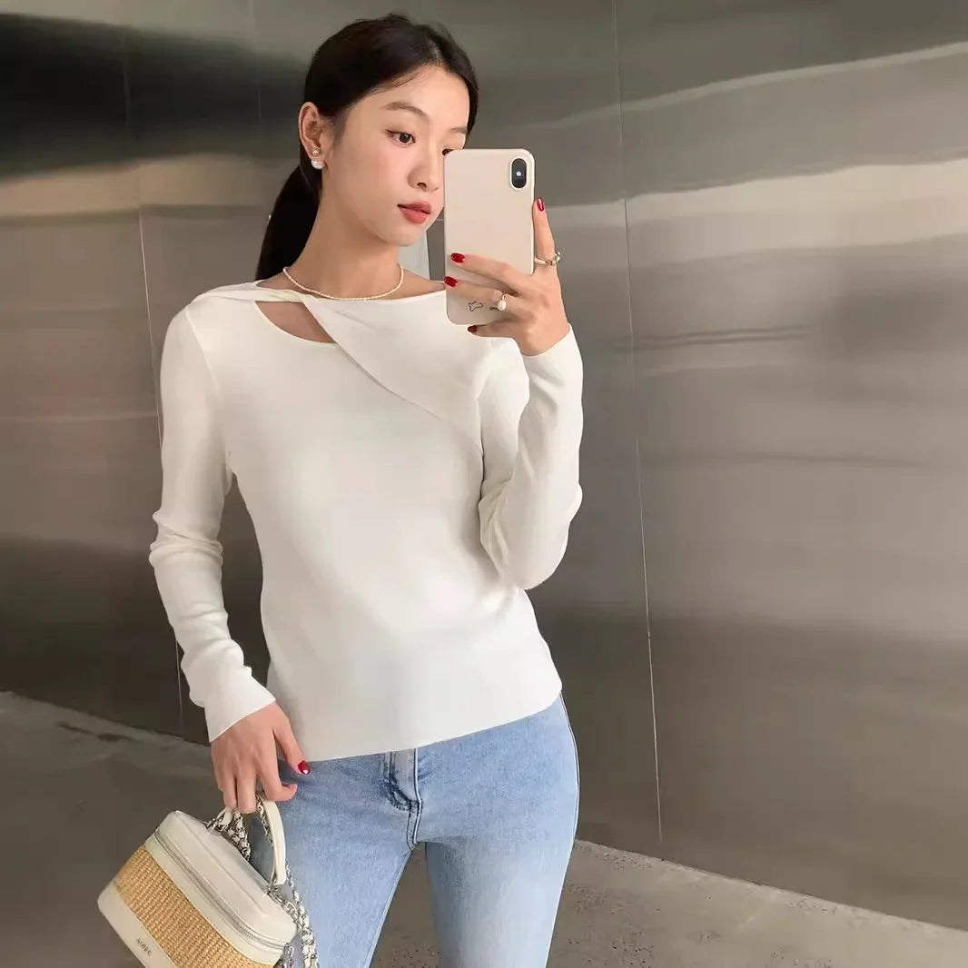 Minimalist Style Black Basic Slim Fit Stretch Elegant Anti-pilling Knit Top