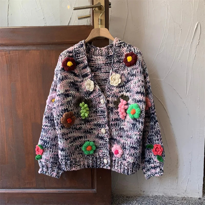 Kalamet Women Chunky Knit Cardigan Floral Embellishments Loose Retro Vintage Handmade Sweater