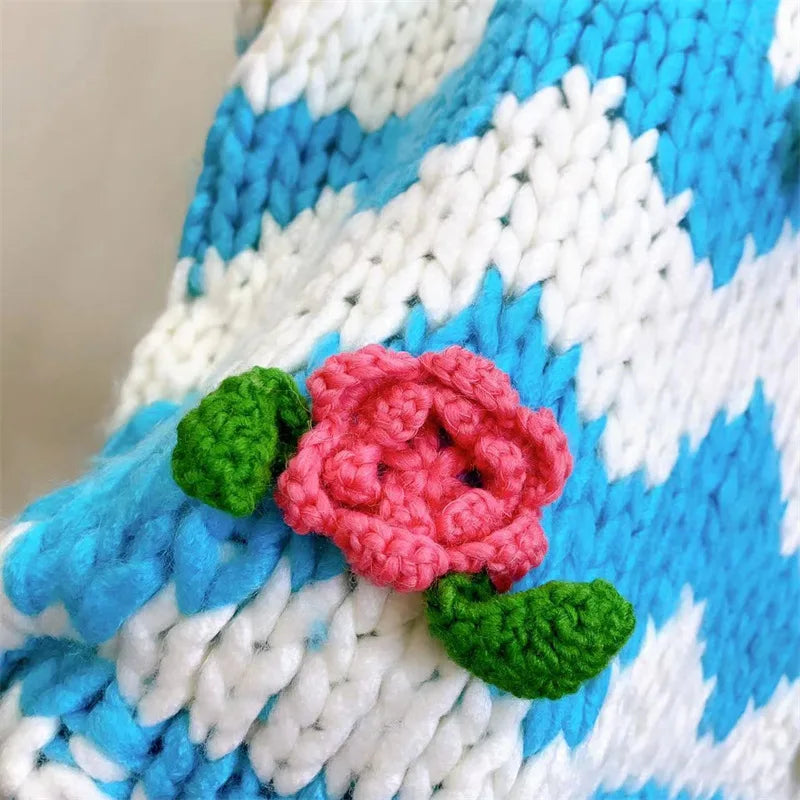 Handmade Plaid Color Block Knit Chunky Sweater Flowers Light Blue Bulky Pullover Jumper Winter Fashion