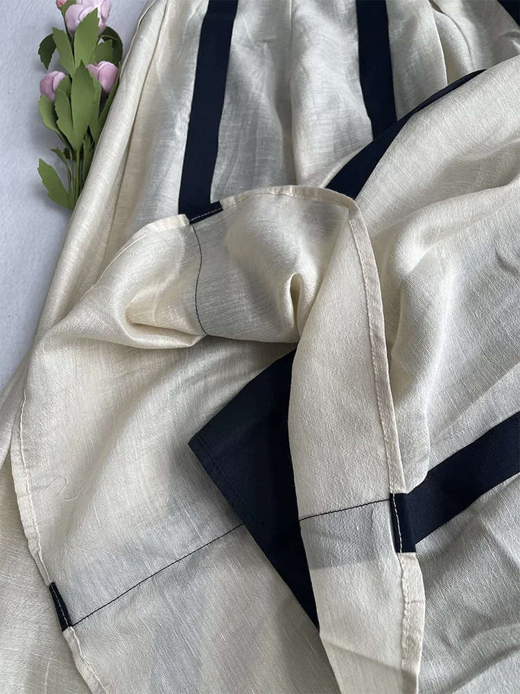 JIAMI A-LINE Pleated Striped Linen Blended Skirt