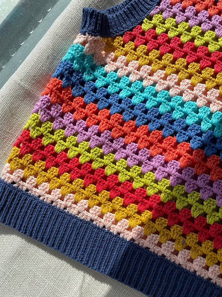 Kalmet Handmade Rainbow Color Stripe Knit Vest