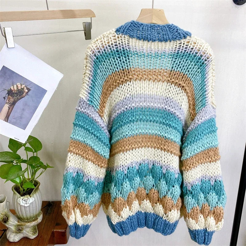 Kalamet Women Striped Color-block Handmade Chunky Cardigan Autumn Winter Sweater Knit Top Women Clothes