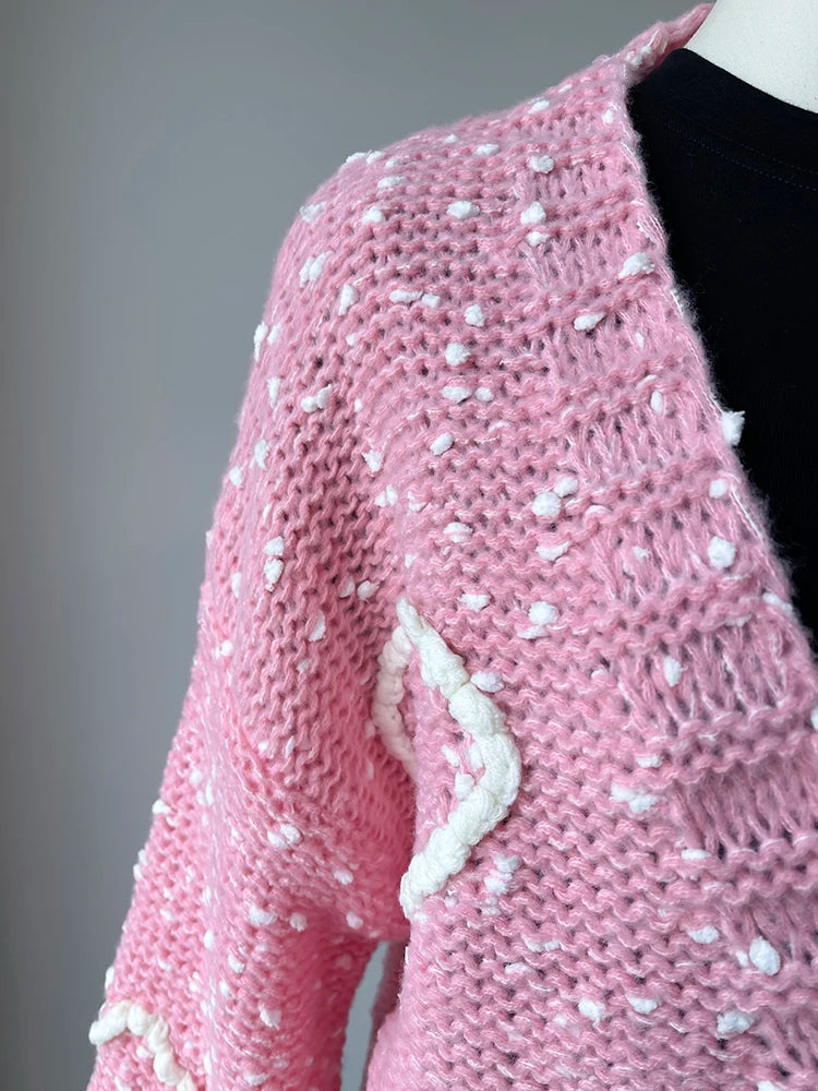 Women Pink Heart Pattern Casual Cardigan 2024 Autumn Winter Sweater Women Outfit Jumper Women Clothes