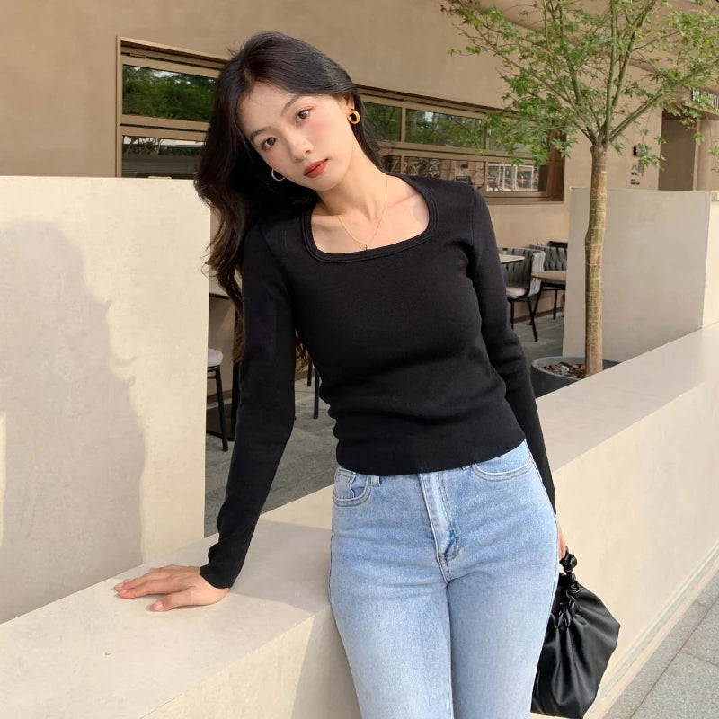 Minimalist Style Old Money Soft Square-neck Clean Cut Knitted Top