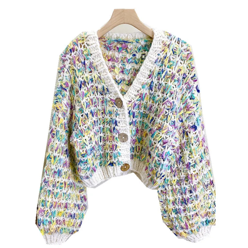 Kalamet Women Multicolor Handknit Colorful V-neck Chunky Cardigan Warm Knit Sweater Top Autumn Winter Women Clothes