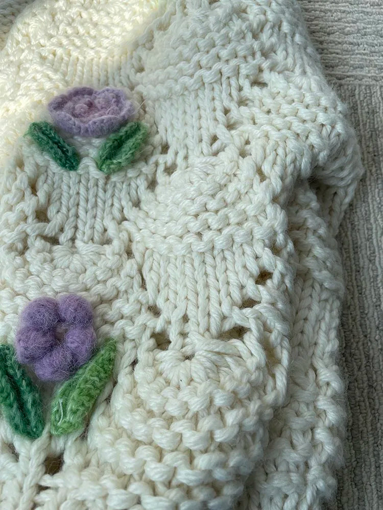 Kalamet Women Floral Crochet Handmade Chunky Knit Cardigan C6001