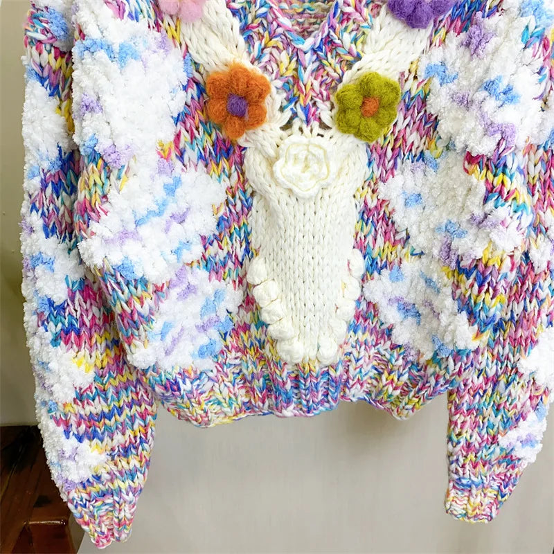 Women Colorful Floral Handknit Warm V-neck Chunky Sweater 2023 Autumn Winter New In Knit Top