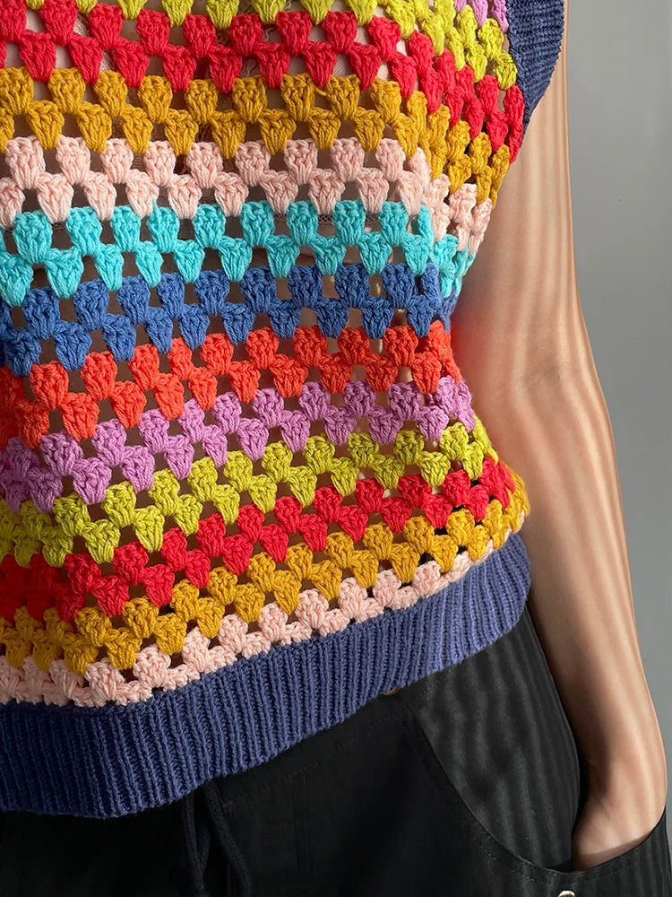 Kalmet Handmade Rainbow Color Stripe Knit Vest
