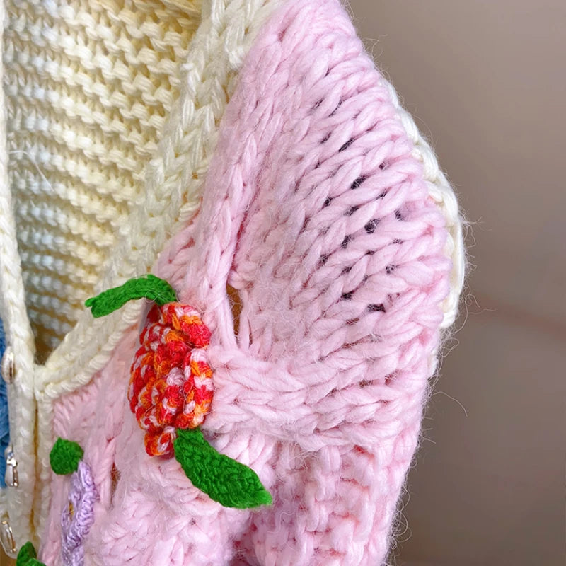 Kalamet Women Handmade Floral Multicolor Chunky Cardigan Sweet Winter Sweater Knit Top Women Clothes