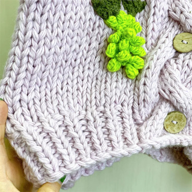 Kalamet Women Hand-Knitted Chunky Cardigan with 3D Flower Twisted Design C6002