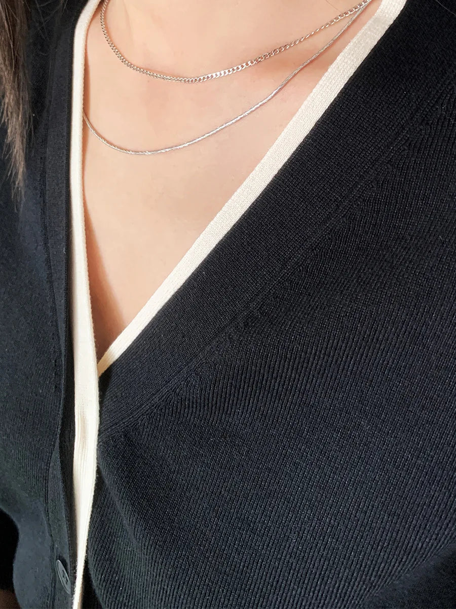 Minimalist Style Women Contrast V-neck Knit Lyocell Cardigan