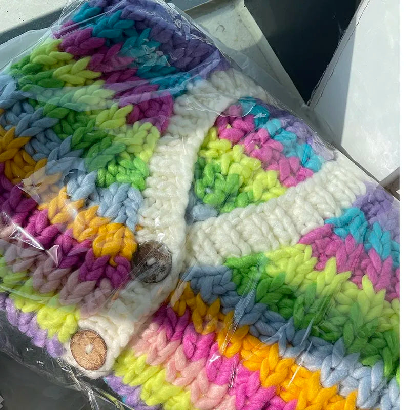 Kalamet Women Handmade Rainbow Colorful Chunky Knit Cardigan K6002