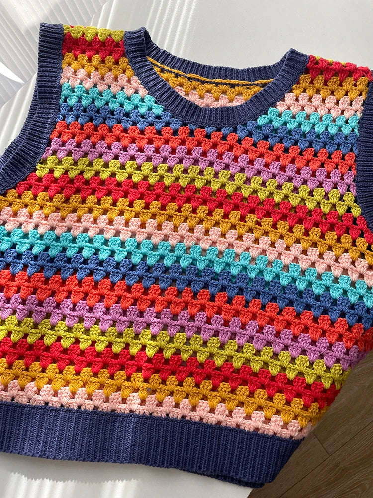 Kalmet Handmade Rainbow Color Stripe Knit Vest