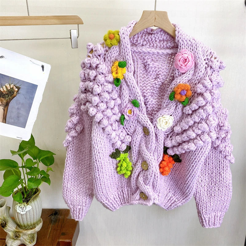 Kalamet Women Hand-Knitted Chunky Cardigan with 3D Flower Twisted Design C6002