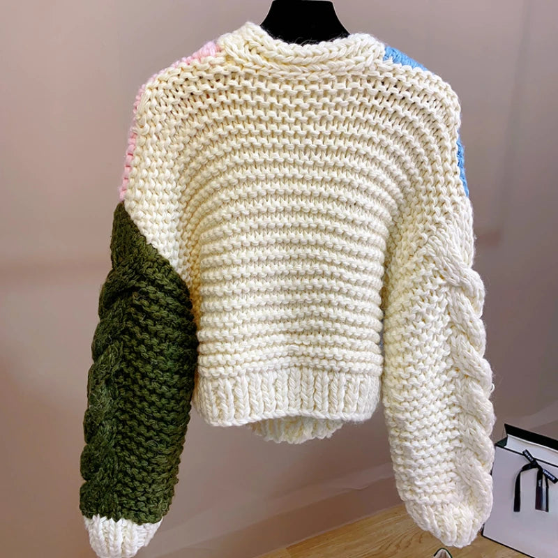 Kalamet Women Handmade Floral Multicolor Chunky Cardigan Sweet Winter Sweater Knit Top Women Clothes