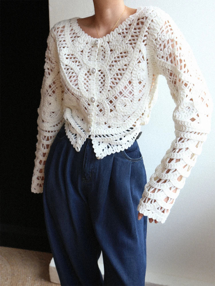 JIAMI Women Handmade Hollow-out Slim Fit Knit Cardigan