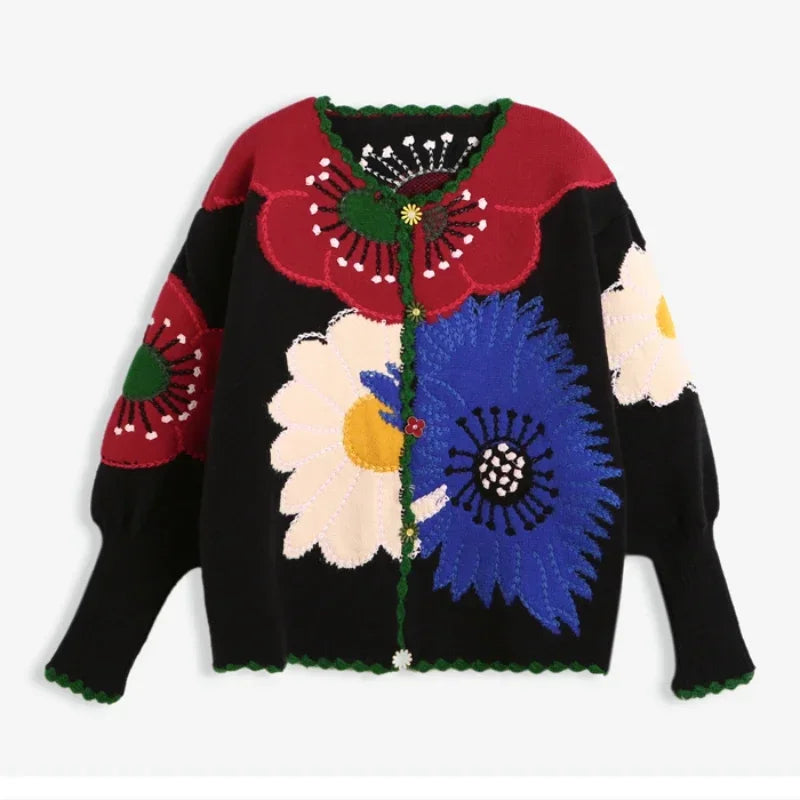 Vintage Flower Embroidery Knitted Cardigan Coat