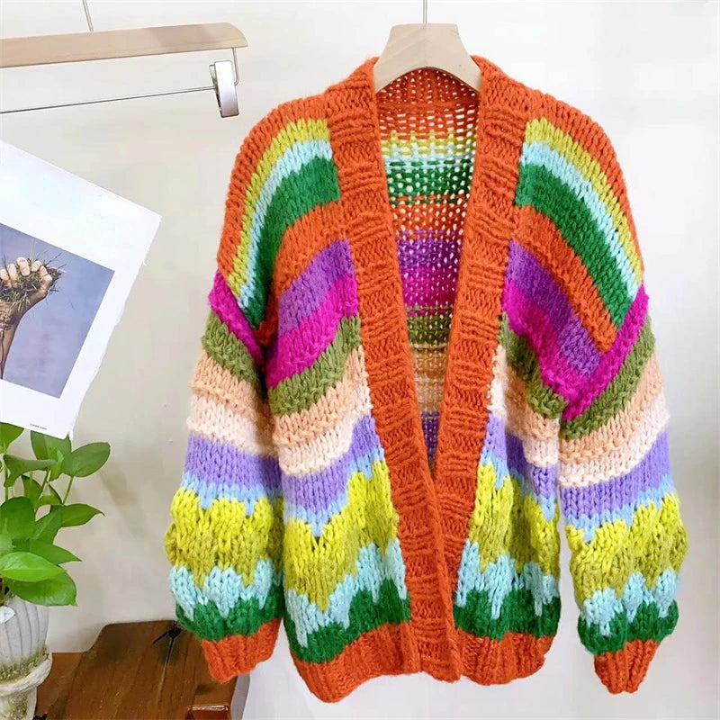 Women Colorful Rainbow Chunky Knit Mohair Sweater Handmade Bulky Cardigan Warm Autumn Winter Woman Clothing