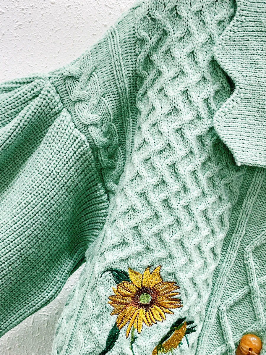 Kalamet Women Floral Embroidery Vintage Knitted Cardigan