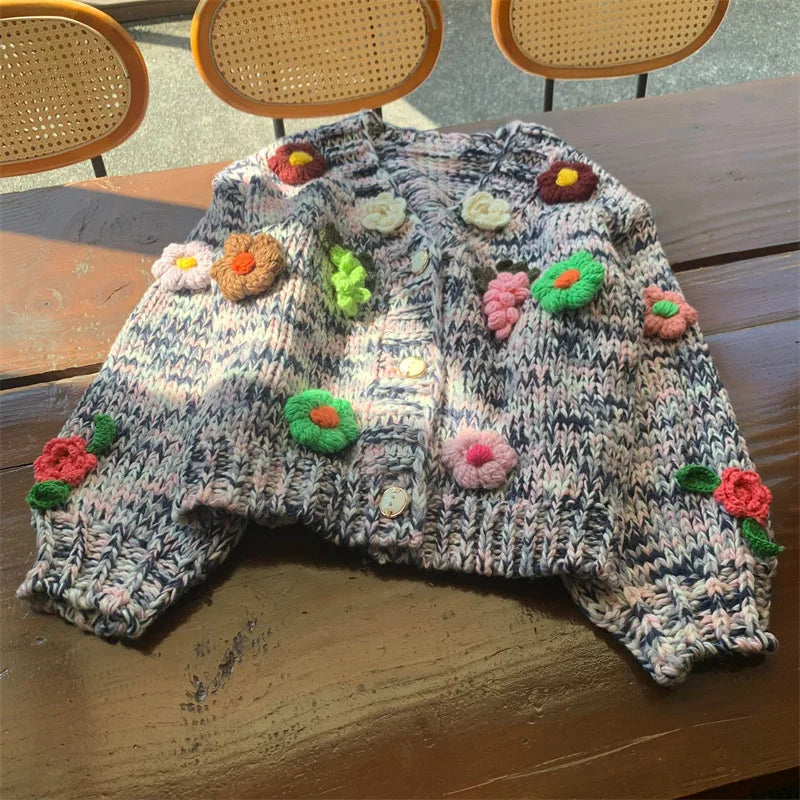 Kalamet Women Chunky Knit Cardigan Floral Embellishments Loose Retro Vintage Handmade Sweater