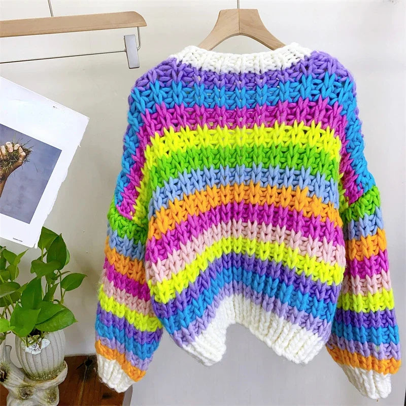 Kalamet Women Handmade Rainbow Colorful Chunky Knit Cardigan K6002