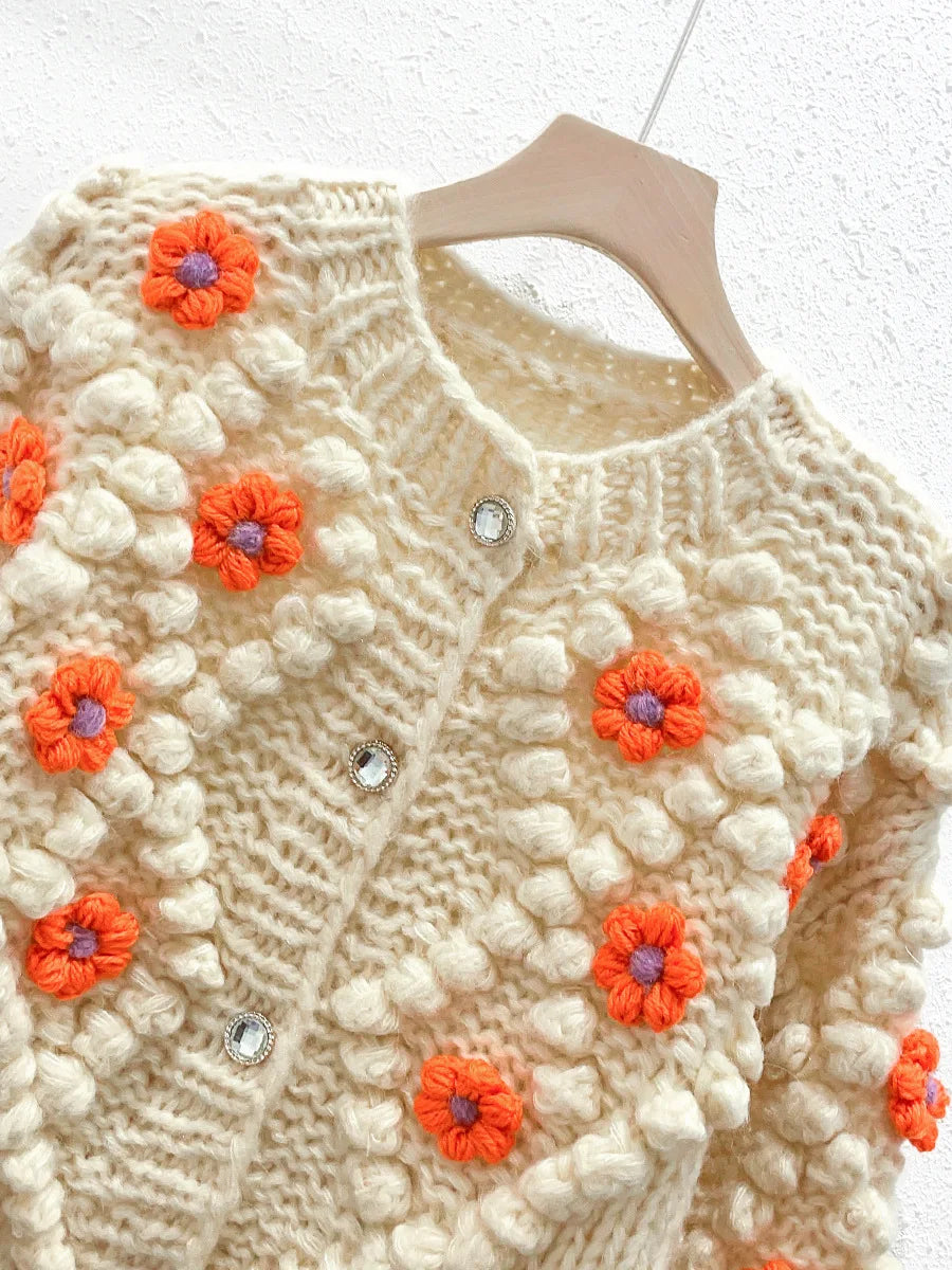Chunky Handmade Hook Floral Knit Sweater Cardigan