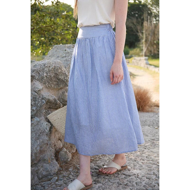 JIAMI Women Striped HIgh Waist A-line Blue Midi Skirt