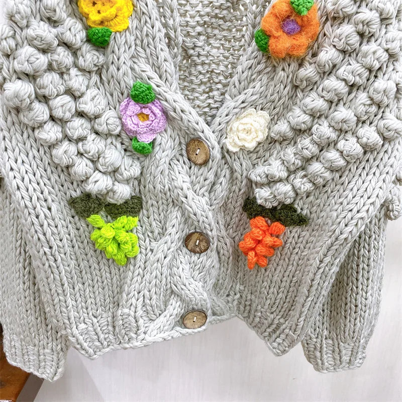 Kalamet Women Hand-Knitted Chunky Cardigan with 3D Flower Twisted Design C6002