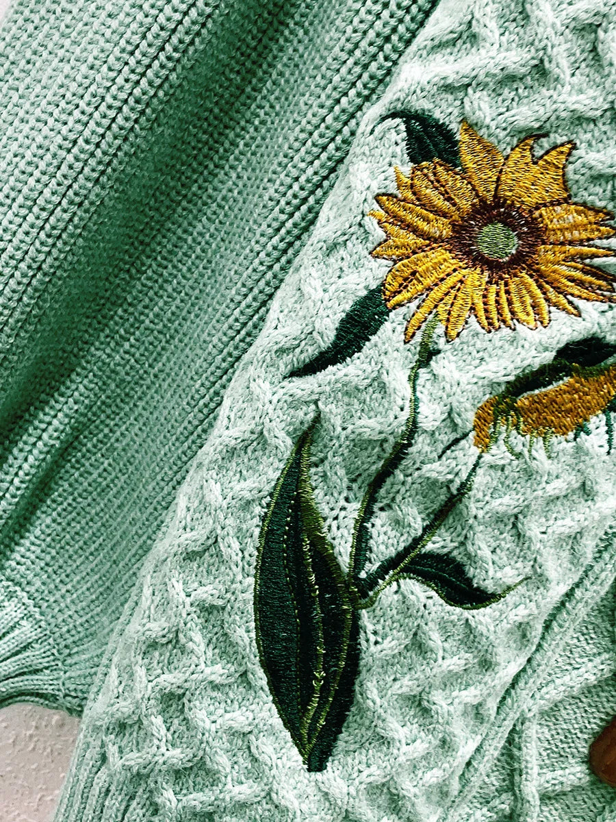 Kalamet Women Floral Embroidery Vintage Knitted Cardigan