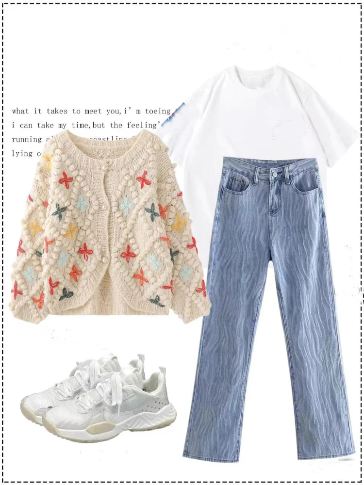 Women Handmade Knitted Embroidered Flower Bobble Cardigan Twist Chunky Sweater WIinter Coat Pullover