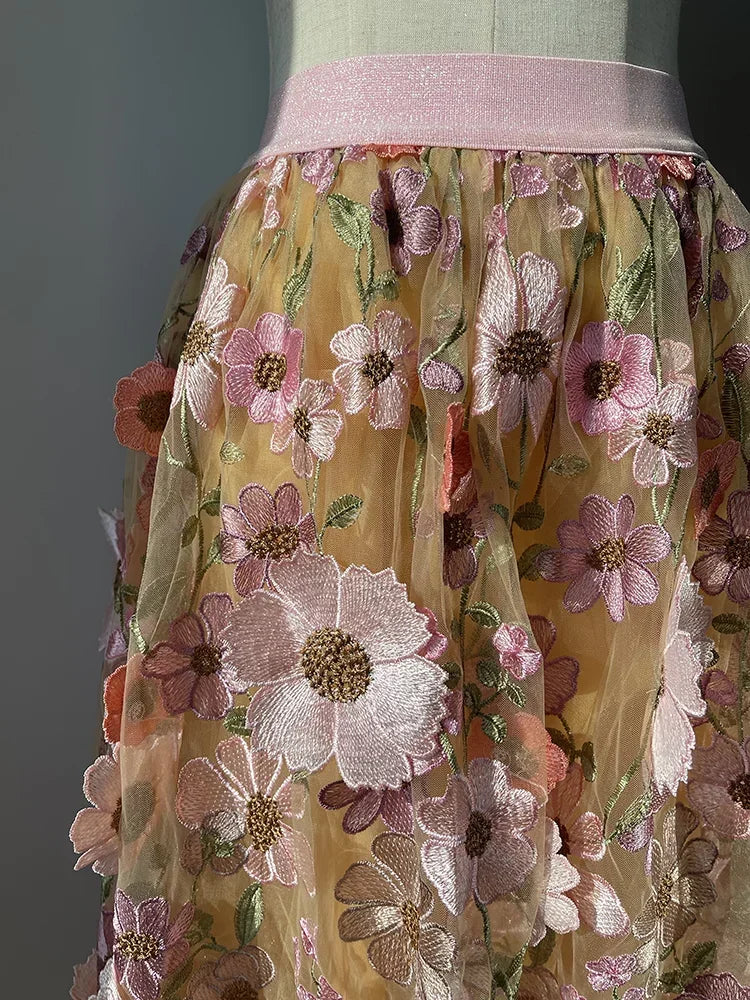 JIAMI Luxury High Waist Floral Pleated Tulle Skirt