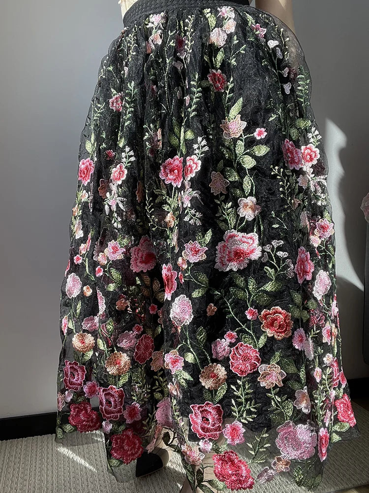 JIAMI Luxury High Waist Floral Pleated Black Tulle Skirt