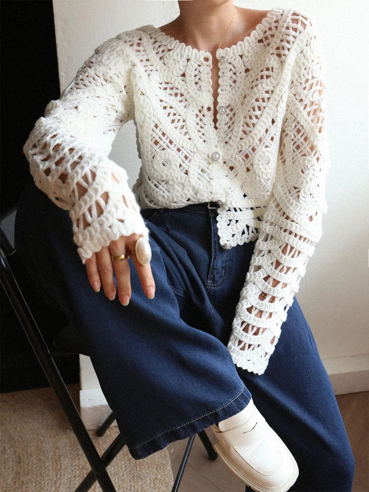 JIAMI Women Handmade Hollow-out Slim Fit Knit Cardigan