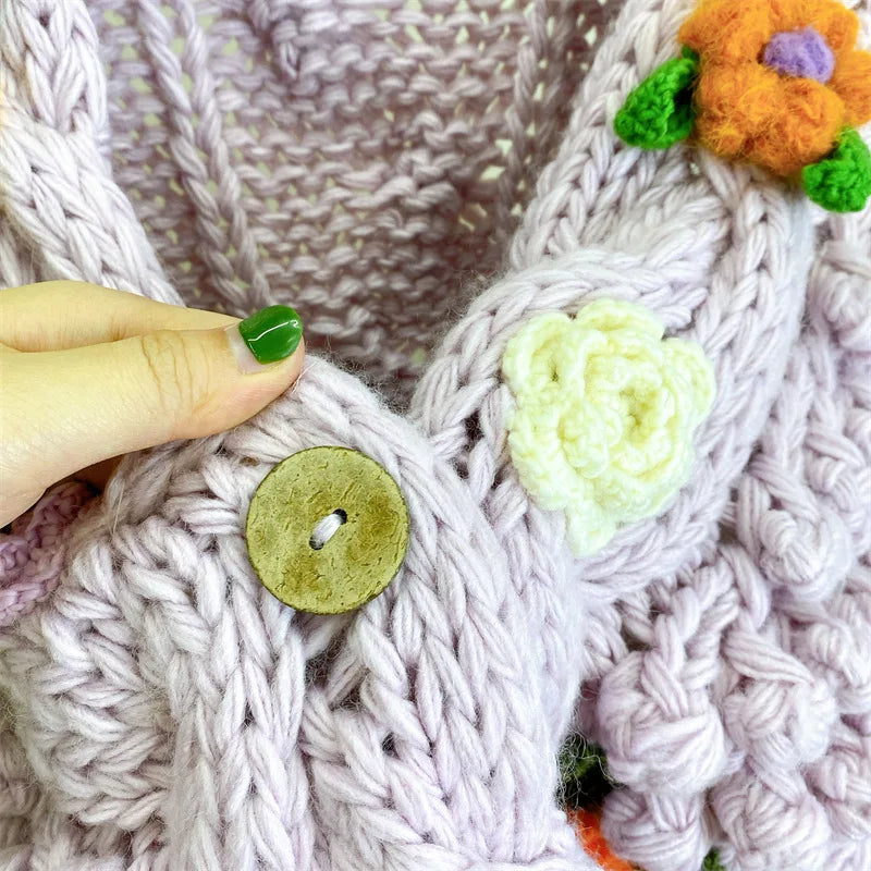 Kalamet Women Hand-Knitted Chunky Cardigan with 3D Flower Twisted Design C6002