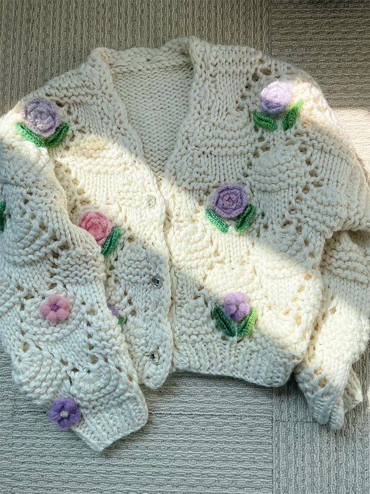 Kalamet Women Floral Crochet Handmade Chunky Knit Cardigan C6001