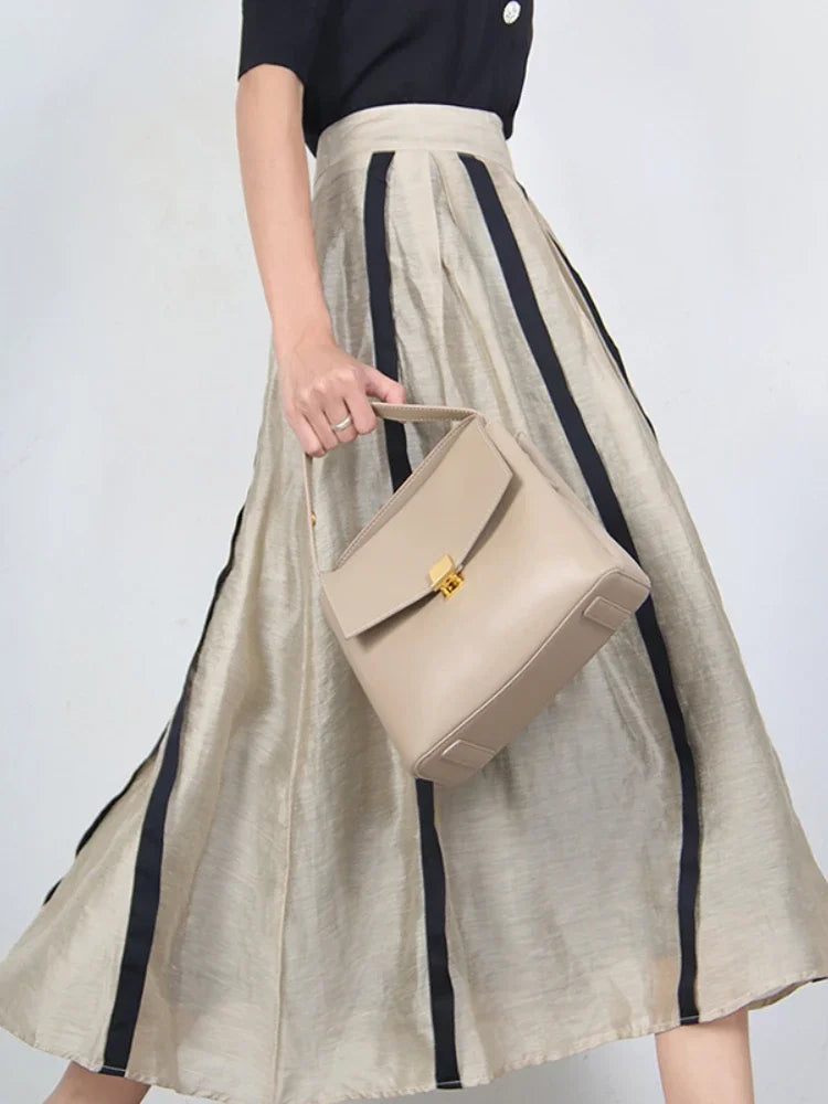 JIAMI A-LINE Pleated Striped Linen Blended Skirt