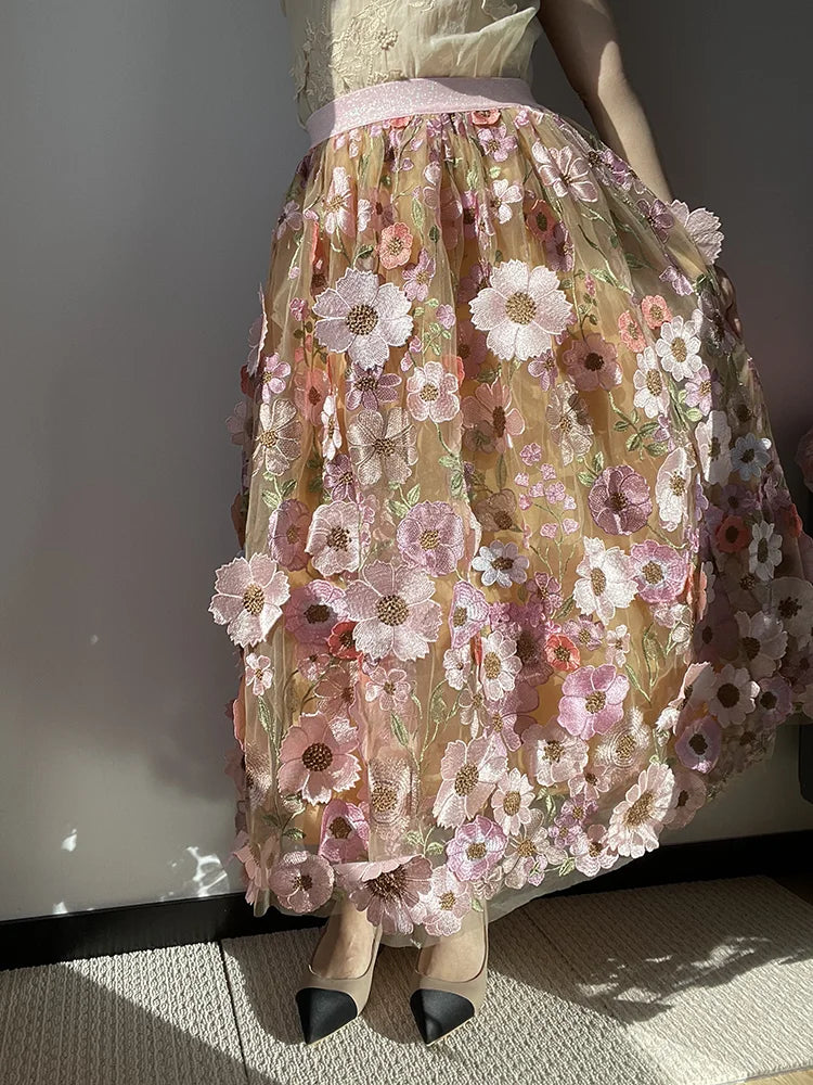 JIAMI Luxury High Waist Floral Pleated Tulle Skirt