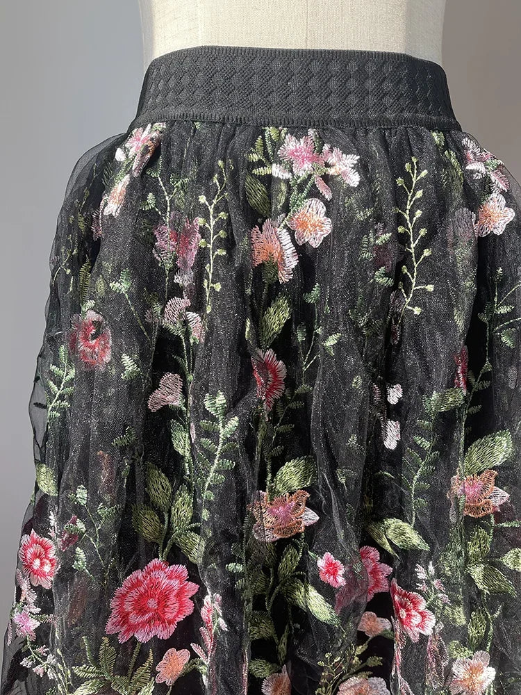 JIAMI Luxury High Waist Floral Pleated Black Tulle Skirt