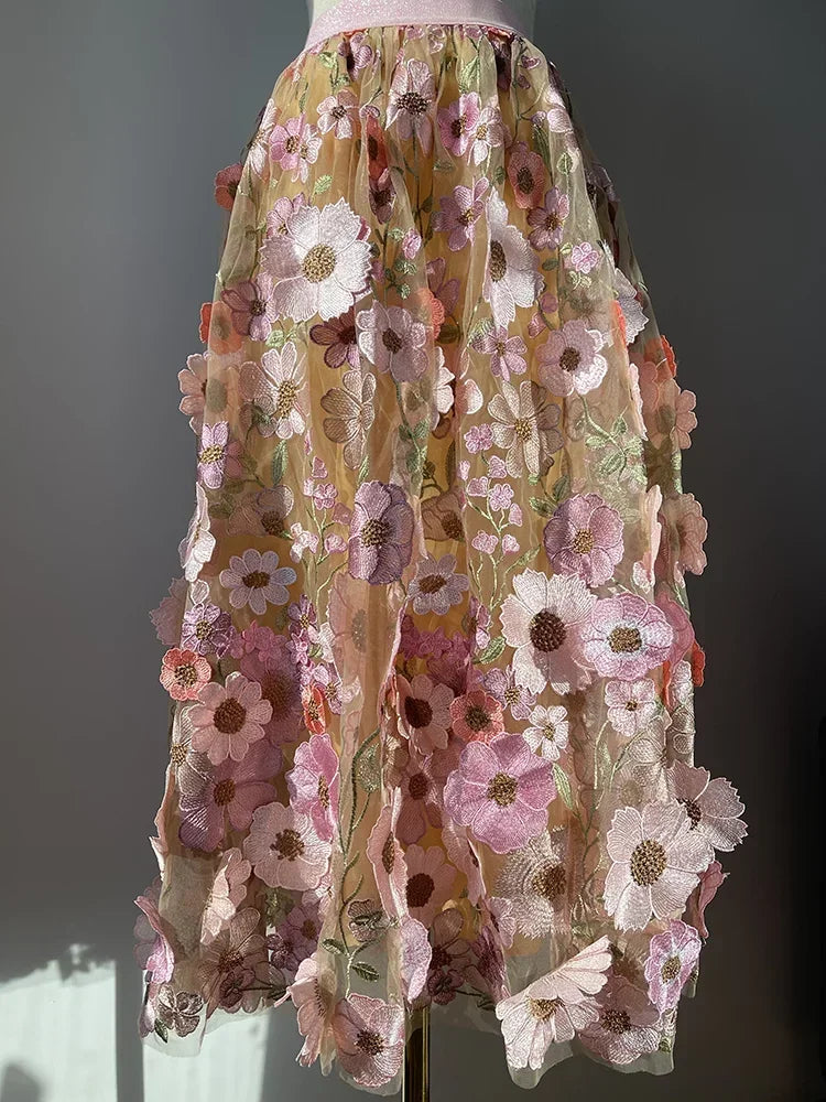 JIAMI Luxury High Waist Floral Pleated Tulle Skirt
